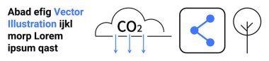 Çevre koruma, iklim değişikliği, karbon ayak izi, veri paylaşımı, sürdürülebilirlik, eko-farkındalık. Karbondioksitli bulut, ortak ikon ve stilize ağaç. Çevre koruma ve iklim değişikliği