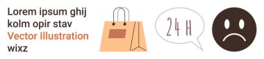 Perakende, müşteri geribildirimi, servis, online alışveriş, tüketici deneyimi, duygular. Alışveriş torbası, 24H 'li konuşma balonu ve hüzünlü bir yüz simgesi. Perakende ve müşteri geribildirimi