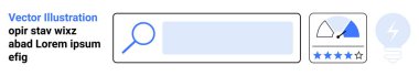 User interface, information search, review system, usability, performance tracking, user experience design. Search bar with magnifying glass, star rating performance gauge and lightbulb icon. User