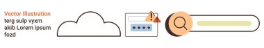 Siber güvenlik, bulut depolama, veri gizliliği, internet güvenliği, şifre koruması, online arama. Bulut simgesi, alarm arama çubuğu ve büyüteçle parola yöneticisi. Siber güvenlik ve bulut