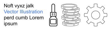 Business, finance, technology, industrial processes, digital design, text elements. Icons of a bottle, stacked coins and a gear alongside placeholder text. Business and finance concepts