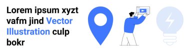 Ekranı işaret eden adam oyun ikonu, büyük harita pin sembolü ve loş ampul. Yaratıcılık, yenilik, eğitim, içerik, navigasyon, strateji ve basit bir iniş sayfası için ideal