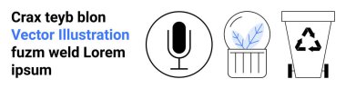 İletişim, sürdürülebilirlik, çevre koruma, geri dönüşüm, çevre dostu uygulamalar, dijital medya. Mikrofon, saksı bitkisi geri dönüşüm kutusu ikonları. İletişim ve sürdürülebilirlik kavramları