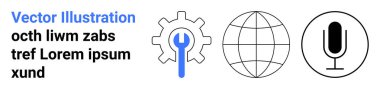 Technology, global connectivity, technical support, online services, media tools, innovation. A gear with a wrench, a globe and a microphone. Technology and global connectivity concept