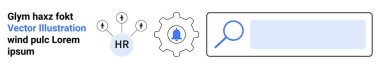 İnsan kaynakları, askere alma, iş arama, dijital araçlar, bildiriler, optimizasyon. Özellikler HR simgesi, büyüteç ve uyarı sembollü dişli arama çubuğu. İnsan kaynakları.