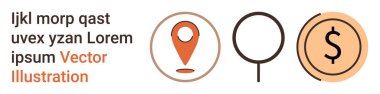 Navigation tools, financial analysis, search technology, location pinpointing, money management, business concepts. Orange pin, magnifying glass and dollar symbol. Navigation tools and financial