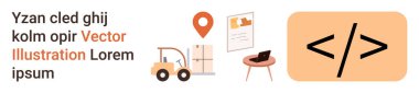 Web geliştirme, lojistik, e-ticaret, çalışma alanı, kodlama, dağıtım sistemleri. Forklift, harita pimi çalışma alanı ve temiz bir düzende kod sembolü. Web geliştirme ve lojistik kavramı