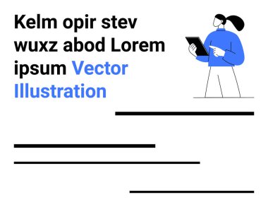 Dijital iletişim, yaratıcı projeler, teknoloji dersleri, çevrimiçi kurslar, tasarım eğitimi, modern planlar. Beyaz arka planda metin öğeleri olan tablet tutan bir kadın. Dijital iletişim
