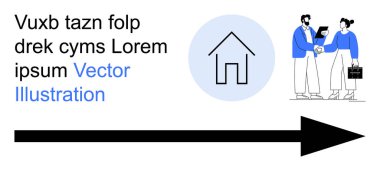 Gayrimenkul, takım çalışması, işbirliği, iş anlaşmaları, anlaşmalar, ev sahipliği. Profesyoneller bir ev ikonu ve kalın bir okun yanında el sıkışıyor. Gayrimenkul ve takım çalışması kavramı