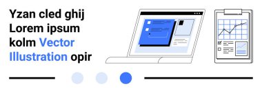 Kullanıcı arayüzünü gösteren dizüstü bilgisayar, grafikli pano ve iki mavi nokta. Veri yönetimi, analitik, teknoloji, üretkenlik, takım çalışması, basit iniş sayfası için ideal