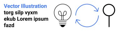 Yenilik, sürdürülebilirlik, araştırma, enerji verimliliği, dairesel ekonomi, problem çözme. Bir ampulün en küçük simgeleri, geri dönüşüm okları ve büyüteç. Yenilik ve sürdürülebilirlik