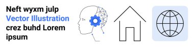 Artificial intelligence, global connectivity, smart homes, futuristic technology, digital innovation, network systems. A side profile head with gears, house outline and globe icon. Artificial