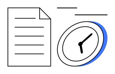 Zaman yönetimi, programlama, teslim tarihleri, üretim araçları, belge organizasyonu, görev takibi. Minimalist tasarım belge simgesi ve saat yüzü. Zaman yönetimi ve zamanlama görselleştirmesi