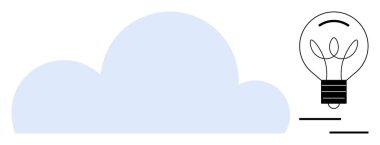 Bulut depolama, yenilik, teknoloji, yaratıcı çözümler, beyin fırtınası, dijital aletler. Mavi bulutun yanında bir ampul. Basit grafiklerle bulut depolama ve yenilik