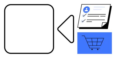Boş arayüz çerçevesi kullanıcı profili formunu ve alışveriş arabası simgesini çevrimiçi servis veya işlem metaforunda bağlar. E-ticaret, kullanıcı arayüzü, dijitalleştirme, otomasyon, iş akışı, veri