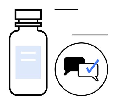 İlaç şişesi iletişim balonu ve işaretle eşleştirilmiş. Sağlık, güvenilirlik, güven, tıbbi danışma, ilaç iletişimi, reçeteli onay, basit daire