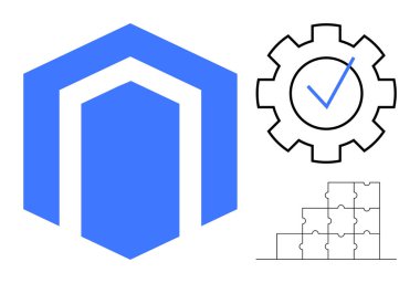 Proje yönetimi konsepti. Proje yönetimi bir kalkan, teçhizat ve birbirine bağlı yapboz yapısıyla. Proje yönetimi organizasyonu, takım çalışmasını ve süreç verimliliğini destekler. İdeal
