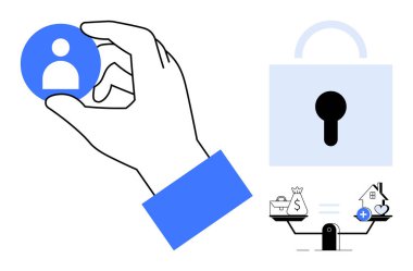 Veri güvenliği kavramı. Veri güvenliği, kullanıcı kimliği, asma kilit ve dengeli finansal özgürlükle vurgulandı. Çevrimiçi mahremiyet için veri güvenliği, fintech uygulamaları, akıllı evler, finansal