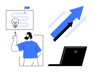 İş büyümesi, strateji gelişimi, teknolojik çözümler, yenilik, başarı, verimlilik. Ampulü işaret eden adam, okları ve dizüstü bilgisayarı olan grafikler. Yenilik ve iş büyümesi