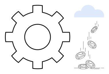 Finansal teknoloji, otomasyon, işlemler, üretkenlik, yatırım, bulut ekonomisi. Büyük siyah dişli ve bozuk paralar küçük bir buluttan düşüyor. Finansal teknoloji ve otomasyon kavramı