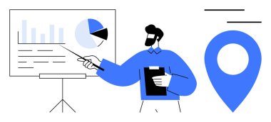 Pasta grafiği, çubuk grafik ve verileri gösteren bir sunum yapan kişi. Analiz, strateji, raporlar, eğitim seyrüsefer yönetimi için ideal. Basit düz metafor