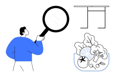 Analiz, sağlık, verimlilik, diyet, beslenme, araştırma. Bir kişi elinde büyüteç, bir masa ve bir kase sebze tutuyor. Soyut tasarımda analiz ve sağlık kavramı