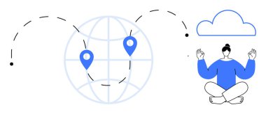 Küresel ağ, veri alışverişi, bulut hesaplaması, farkındalık, dijital iletişim, zihinsel refah. Konum iğneli dünya, meditasyon bulutlu insan. Küresel ağ oluşturma ve farkındalık kavramı