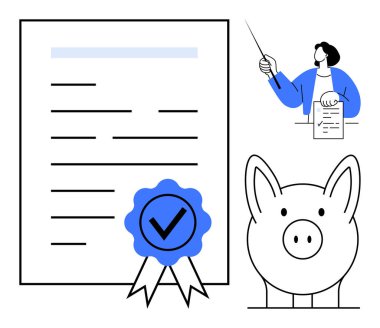 Certificate with approval badge, person presenting document, piggy bank for financial security. Ideal for finance, savings, certification, approval, teaching investment education. Simple flat