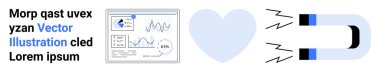 Marketing, data analysis, customer engagement, business strategy, attraction, technology. Magnet pulling lines, heart and chart display. Marketing and data analysis visual