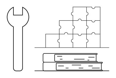 Sorun çözme konsepti. İngiliz anahtarı, yapboz parçaları ve kitap çözümleri, araçlar ve bilgi geliştirme ile çizilmiş problem çözme. Eğitim, takım çalışması, strateji yeniliği ve beceriler için