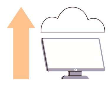Cloud storage, data transfers, remote work, technology, digital services, connectivity. A cloud above a computer monitor with an upward arrow. Cloud storage and data transfers concept