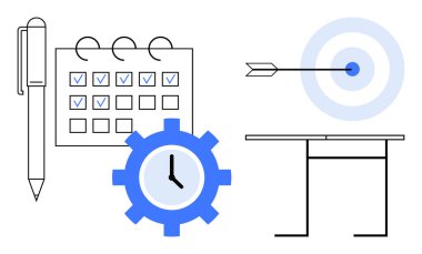 Proje planlaması, zaman yönetimi, hedef belirleme, takım verimliliği, verimlilik, başarı. Bir takvim, dart tahtası ve kalemli bir masa. Zaman yönetimi ve hedef belirleme kavramı