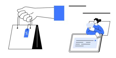 E-ticaret konsepti. E-ticaret indirimler ve müşteri ilişkileri ile çevrimiçi alışveriş olanağı sağlıyor. E-ticaret şirketler ve alıcılar arasındaki etkileşimi artırır. Perakende satış, dijital pazarlama, indirimler için