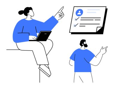 Dijital araçlar ve profil sezgileri kullanarak görev planlaması yapan iki kişi. Bir kişi dizüstü bilgisayarda çalışır, diğeri kontrol listesinde yer alır. Takım çalışması, strateji, üretkenlik ve görev heyeti için ideal