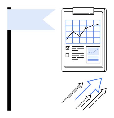 İş büyümesi, veri analizi, stratejik planlama, başarı izleme, hedef belirleme, performans ölçümleri. Panoda oklar ve bayrak olan bir grafik. İş büyümesi ve veri analizi kavramı