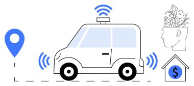 Kendi kendine giden araba sinyal yayıyor, güzergahta GPS pimi, yaratıcılığı sembolize eden çiçekli insan kafası, ve paralı bir ev. Yenilik, teknoloji, yapay zeka, navigasyon, finans geleceği için ideal