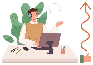 Müşteri hizmetleri, iletişim, çevrimiçi destek, iş büyümesi, uzaktan çalışma, nişan. Kulaklık takmış bir adam monitörle ve yukarı eğilimli bir okla konuşuyor. Müşteri hizmetleri ve iletişim