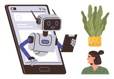 Dijital iletişim, yapay zeka desteği, müşteri desteği, teknoloji entegrasyonu, insan-robot etkileşimi, eğitim araçları. Telefondan çıkan bir sohbet robotu elinde tablet olan bir kadın ve bitkinin yanında.