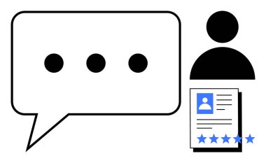 Yıldız reytingleri içeren bir kullanıcı simgesi ve profil kartının yanında noktalar olan konuşma balonu. Kullanıcı geribildirimi, müşteri değerlendirmeleri, çevrimiçi profiller, iletişim, dijital etkileşim, değerlendirme için ideal