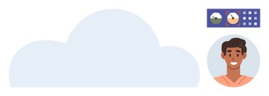 Cloud computing, data synchronization, online scheduling, user interaction, digital organization, productivity tools. Large cloud shape, a smiling person and scheduling icons. Cloud computing