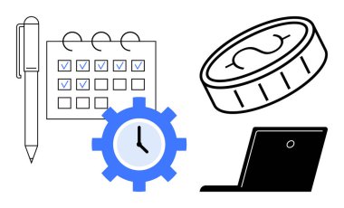 Zaman yönetimi, proje planlaması, finansal yönetim, iş akışı, üretkenlik araçları, verimlilik stratejileri. Saat teçhizatı, kalem dizüstü bilgisayarlı takvim ve sikke simgeleri. Zaman yönetimi