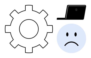 Technology problems. A gear, laptop icon, and sad face technology problems, troubleshooting challenges, and software issues. For IT support, user experience, error resolution productivity