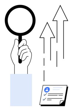 Hand with magnifying glass examining growth indicators, ascending arrows, and a checklist document. Ideal for analysis, progress, strategy, goals, data evaluation success. Simple flat metaphor