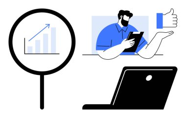 İş analizi, müşteri geribildirimi, dijital işbirliği, online danışmanlık, performans ölçümleri ve işyeri verimliliği. Grafik, dizüstü bilgisayarcı onaylıyor. İş analizi ve müşteri