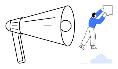 İletişim konsepti. İletişim, bir megafon ve mesaj bırakan bir kişi ile resmedilmiş. İletişim, duyurular, pazarlama, takım çalışması ve işbirliği için bir anahtardır. Dijital için