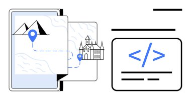 Seyahat planlama, konum belirleme hizmetleri, dijital navigasyon, seyahat teknolojisi, tarihi işaretler, programlama araçları. Yer işaretleri ve şifreli bir rotayı gösteren bir harita. Seyahat planlama ve konum belirleme