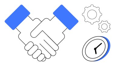 İş birliği, takım çalışması, zaman yönetimi, verimlilik, verimlilik, profesyonel anlaşmalar. Teçhizatlı ve saat sembollü bir el sıkışma. İşbirliği ve zaman yönetimi kavramı