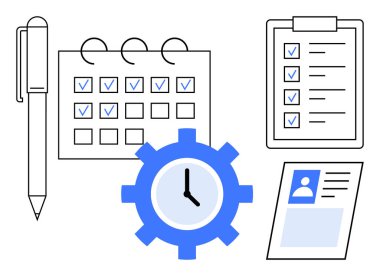 Görev yönetimi konsepti. Takvim, kontrol listesi, saat teçhizatı ve belgesi olan bir görev örgütü. Üretkenlik, planlama, programlama ve iş akışı için görev yönetimi. Takım çalışması için mükemmel.