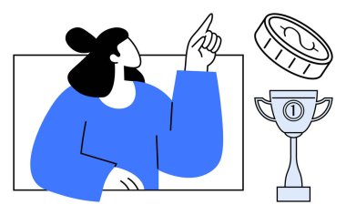 Başarı konsepti. Başarı, para ve kupayı işaret eden bir kadınla resmedilmiştir. Tanınmayı, ödülleri, motivasyonu, kariyer başarısını destekleyen bir başarı. Kişisel gelişim ve liderlik için.