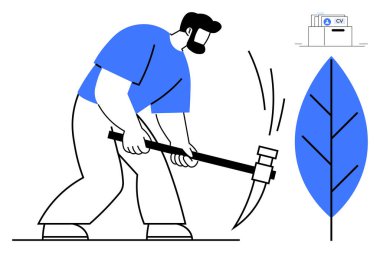 İş arama konsepti. Bir kazma ve dizin ikonu ile bir işçi maden fırsatları olarak çizilmiş iş araması. İş aramak kariyer büyümesine ve istihdama yardımcı olur. İş için mükemmel, HR.